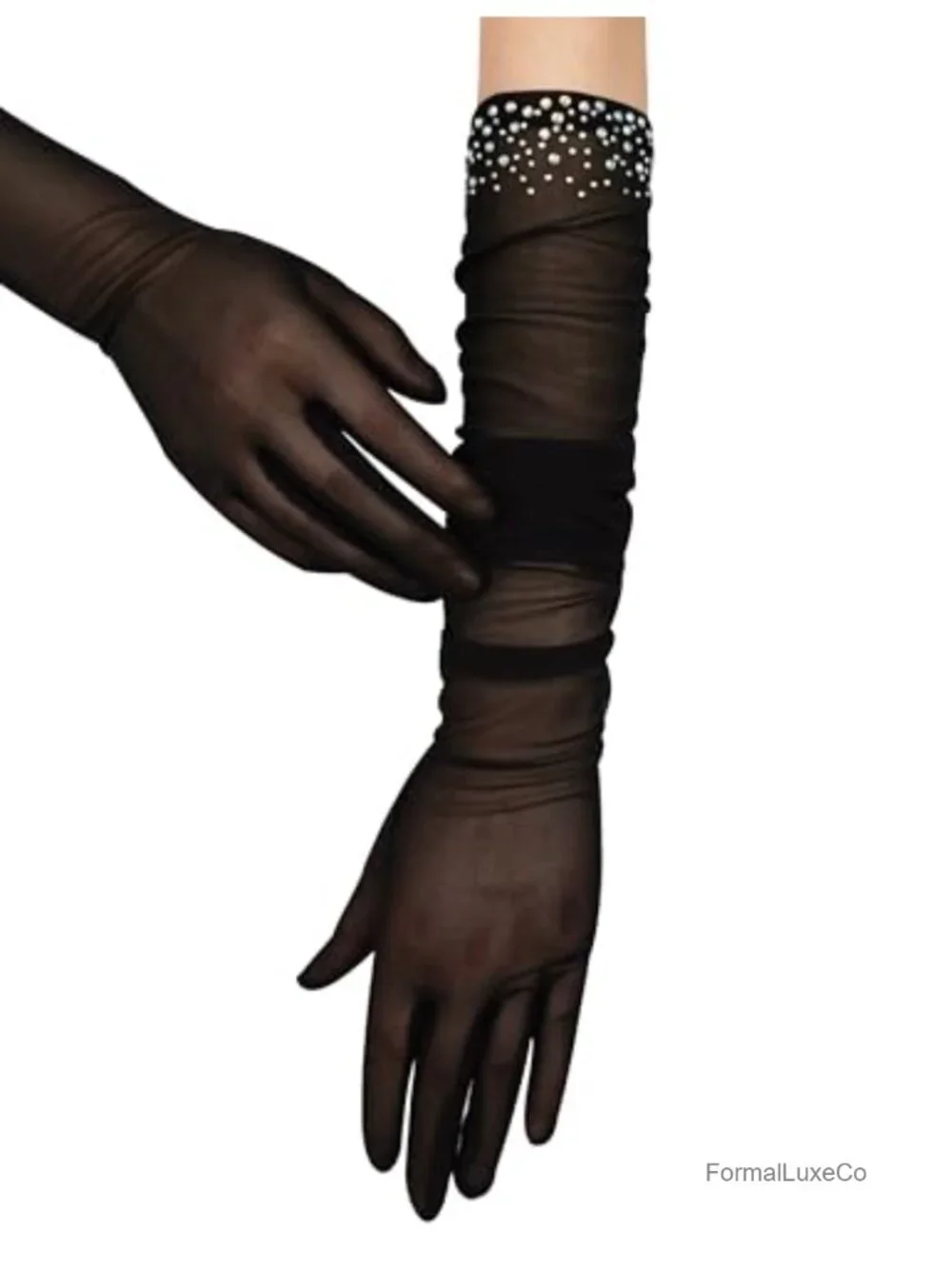 Vintage Style Sheer Tulle Mesh Long Opera Gloves with Beads